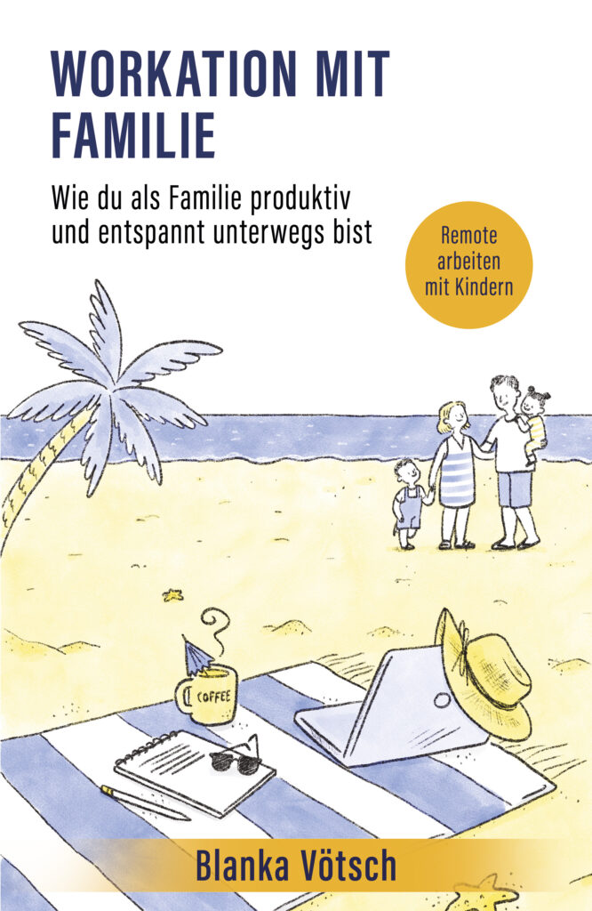 Buchcover - Familie auf dem Strand, Laptop im Vordergrund